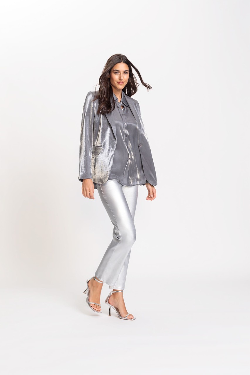 Srebrne spodnie damskie Mona Straight z połyskiem - Designer Choice
