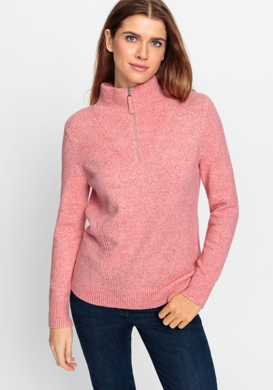 Koralowy sweter damski Henny z rozpinaną stójką - Cozy Idylls
