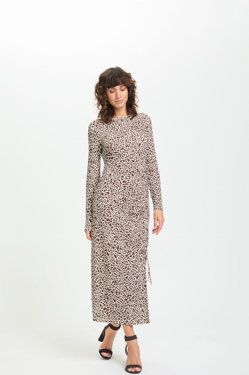 Brązowo-kremowa wiskozowa sukienka maxi ze wzorem – Designer Choice