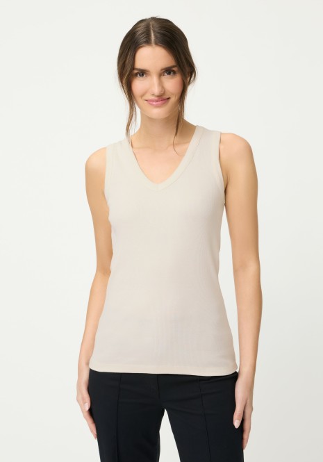 Beżowy top damski Edda w prążek z dekoltem V – Designer Choice