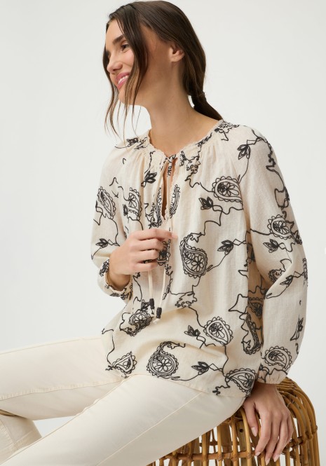 Beżowa bawełniana koszula damska z haftem – Designer Choice