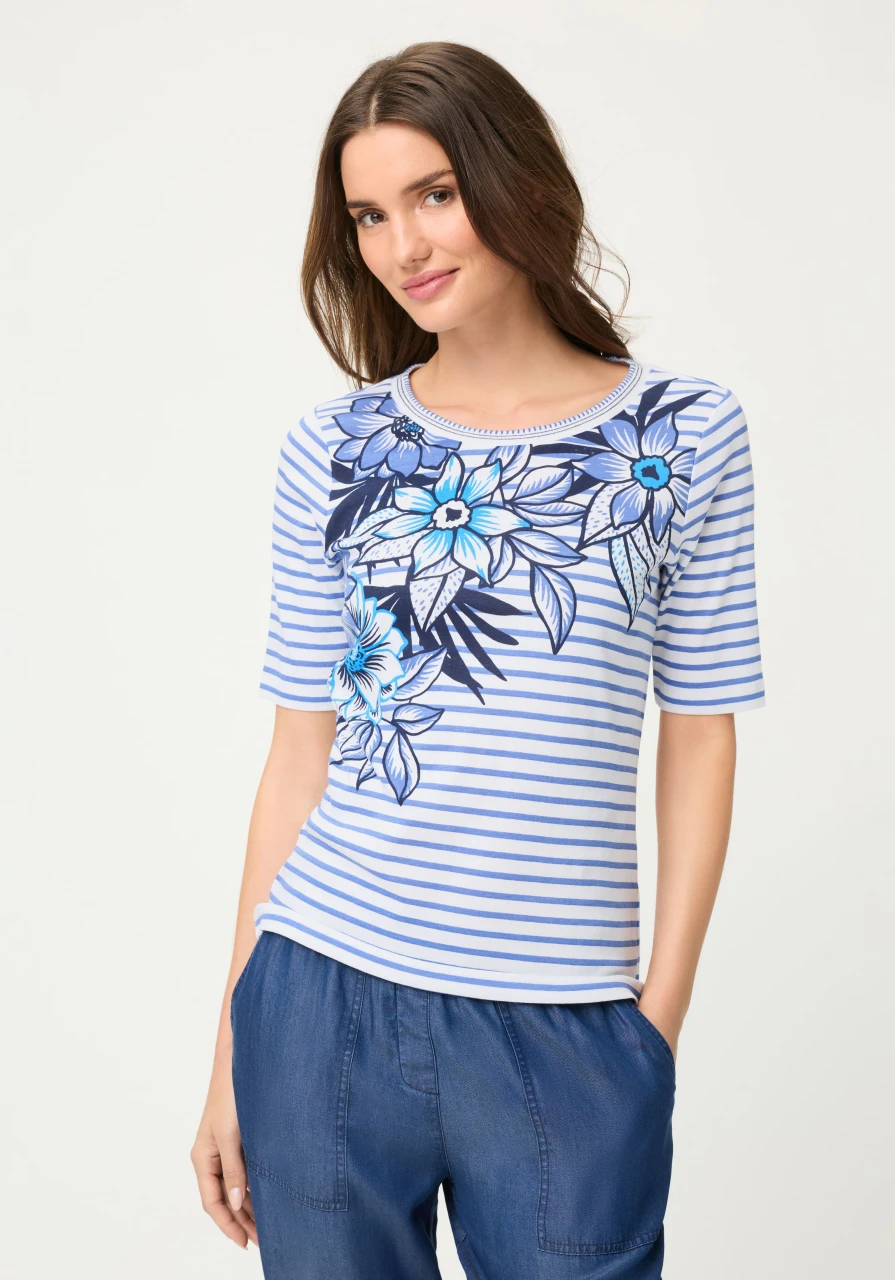 Niebieska bawełniana bluzka damska Edda w paski i kwiaty – Vintage Cruise