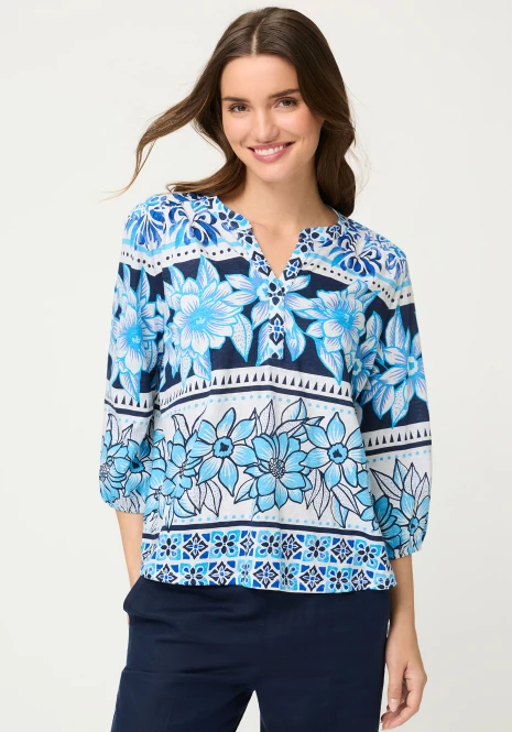 Niebieska bawełniana bluzka damska Amy z roślinnym wzorem – Vintage Cruise