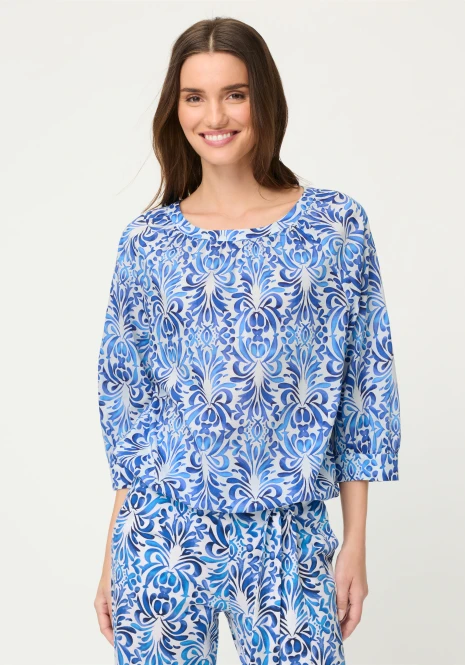 Niebieska bawełniana koszula damska z roślinnym wzorem – Vintage Cruise