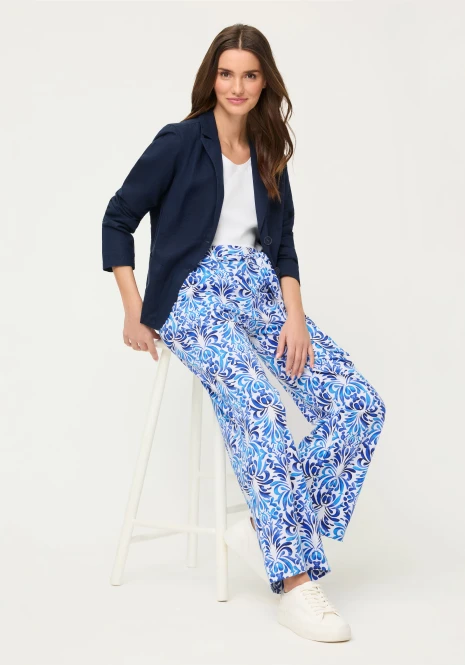 Niebieskie spodnie damskie Anna Wide z roślinnym wzorem – Vintage Cruise