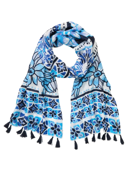 Niebieski szal damski z roślinnym wzorem – Vintage Cruise