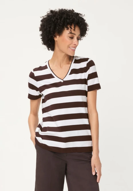 Brązowa bluzka damska Hannah w paski z dekoltem V – Savanna Sky