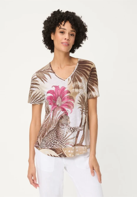 Brązowa bawełniana bluzka damska Hannah ze wzorem – Savanna Sky