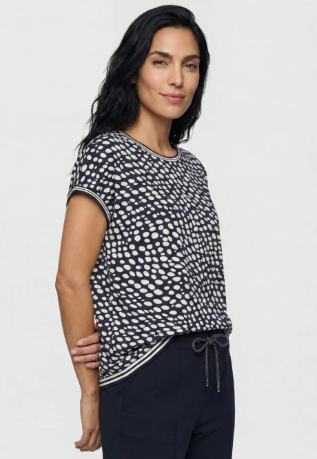 TENCEL™ Modal Beżowa bluzka damska Cosima w granatowe kropki - Smart Casual