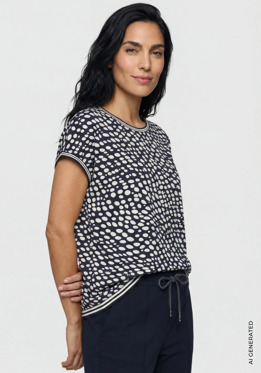 TENCEL™ Modal Beżowa bluzka damska Cosima w granatowe kropki - Smart Casual