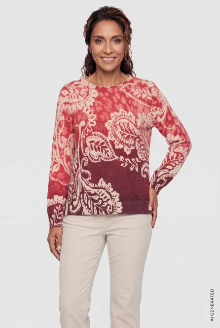 Czerwony sweter damski Henny ze wzorem paisley - Boho Chic
