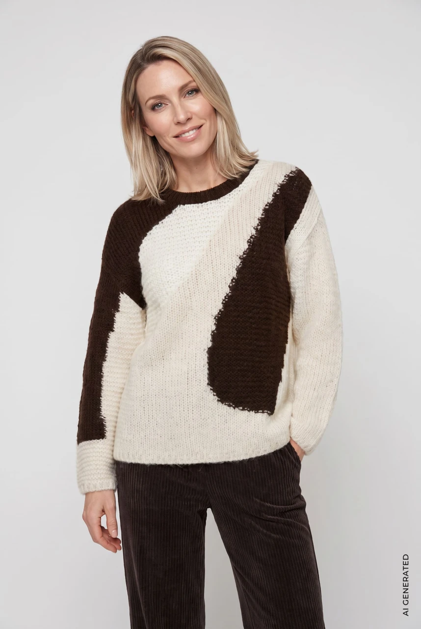 Beżowo-brązowy sweter damski Cora ze wzorem - Boho Chic