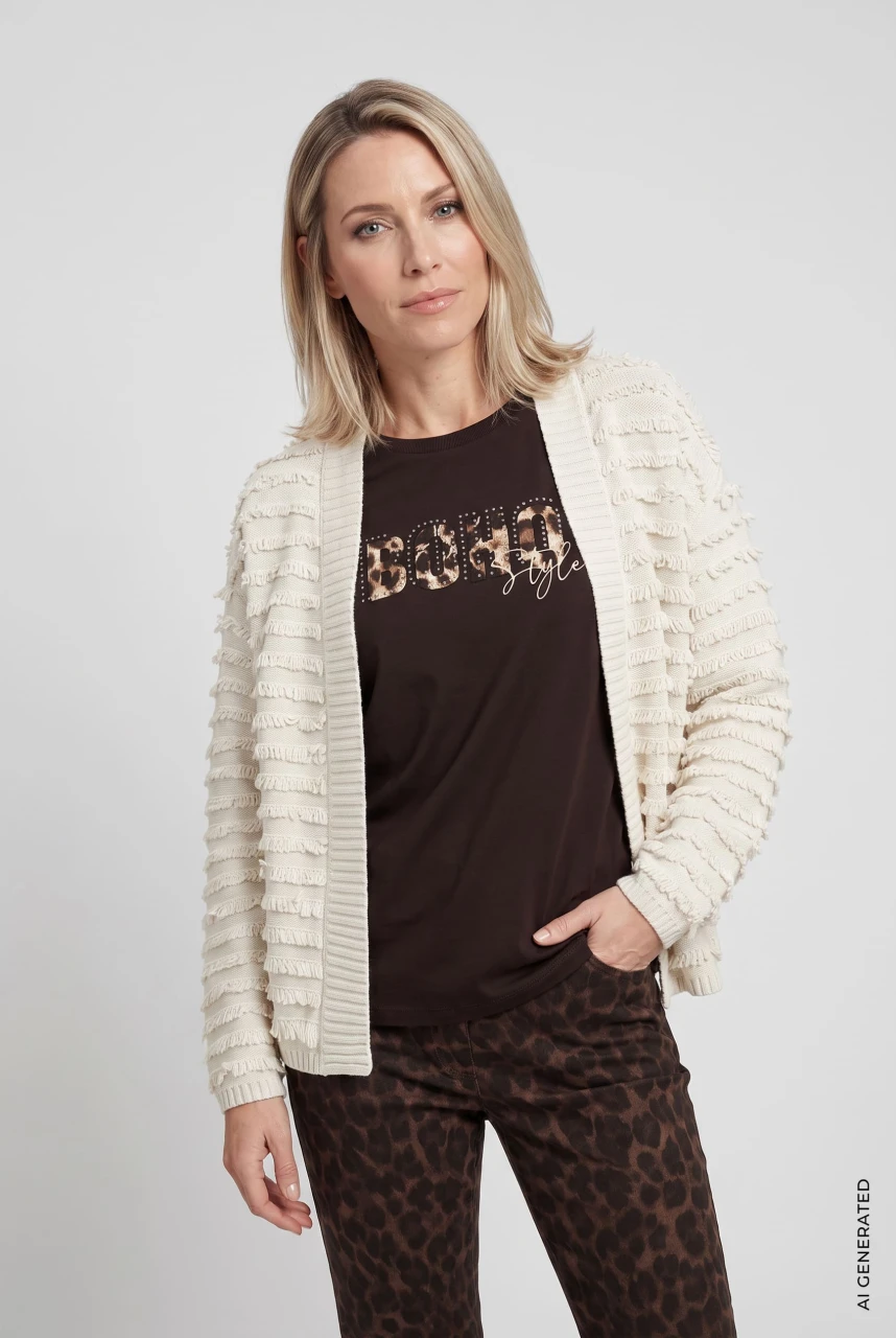 Beżowy kardigan damski Henny z frędzelkami - Boho Chic