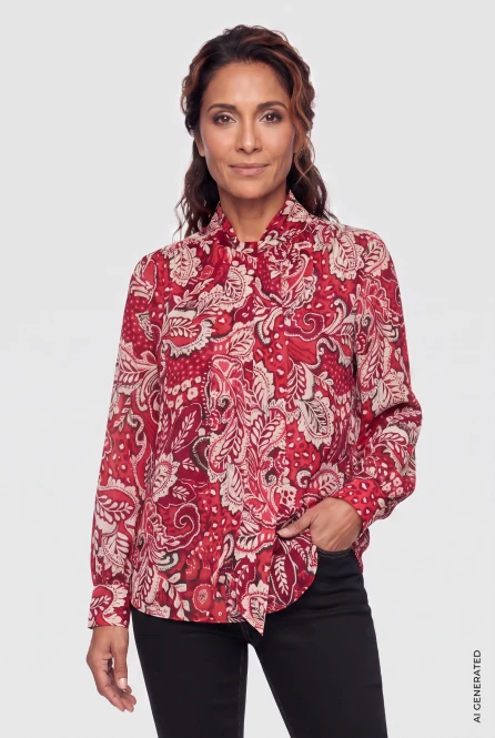 Czerwona wiskozowa koszula damska ze wzorem paisley z wiązaniem - Boho Chic