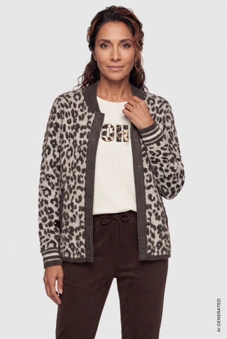 Brązowy sweter damski Henny zapinany na napy w panterkę - Boho Chic 