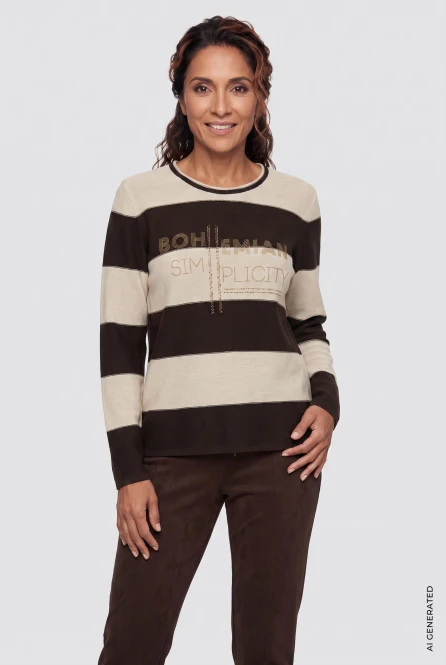 Brązowy sweter damski Henny w paski ze złotym nadrukiem - Boho Chic