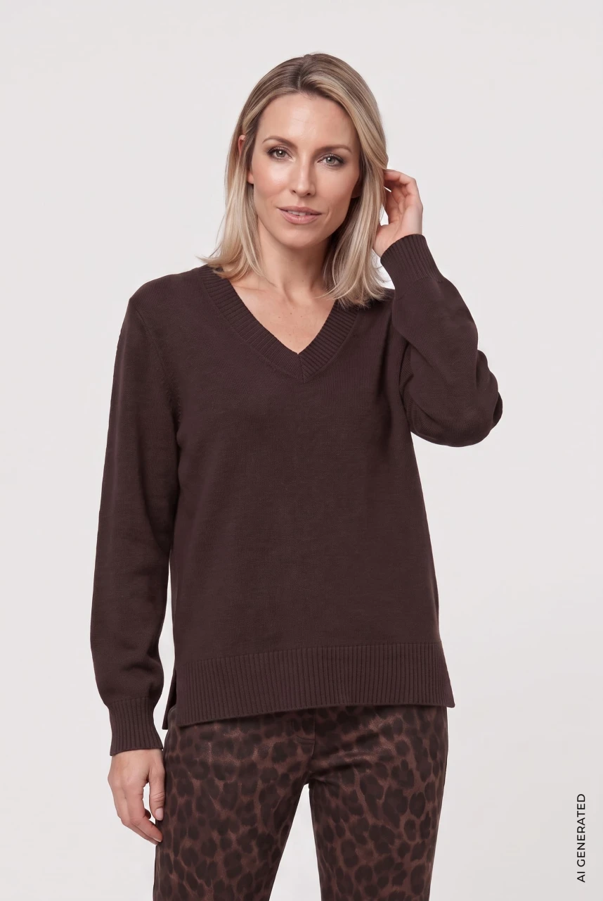 Brązowy sweter damski Henny z dekoltem V - Boho Chic