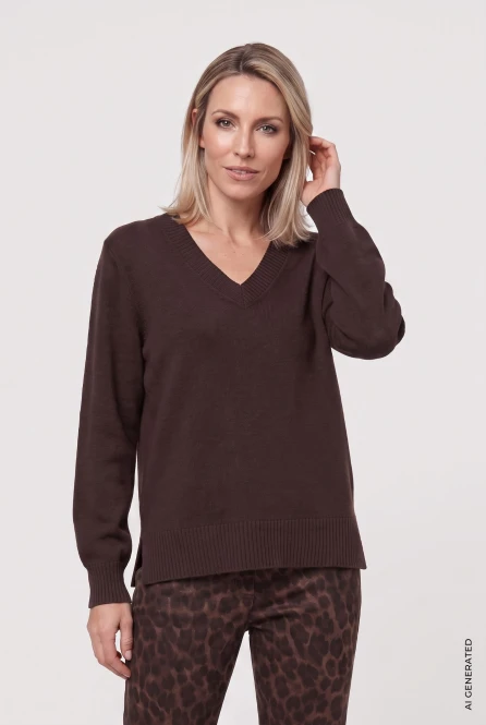 Brązowy sweter damski Henny z dekoltem V - Boho Chic