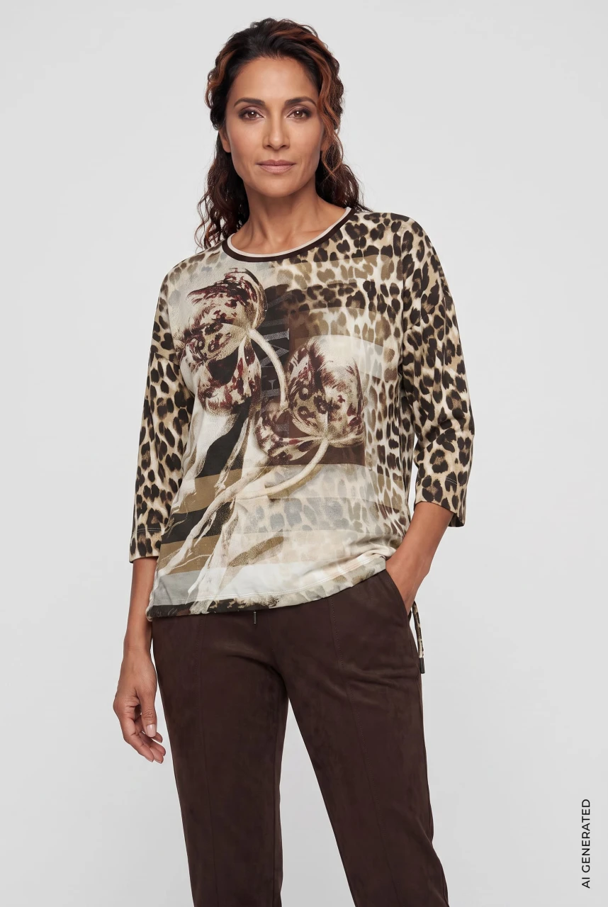 Brązowa bluzka damska Clara w panterkę w kwiaty - Boho Chic