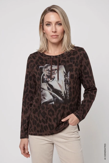 Brązowa bluza damska Henny Jersey w panterkę w kwiaty - Boho Chic
