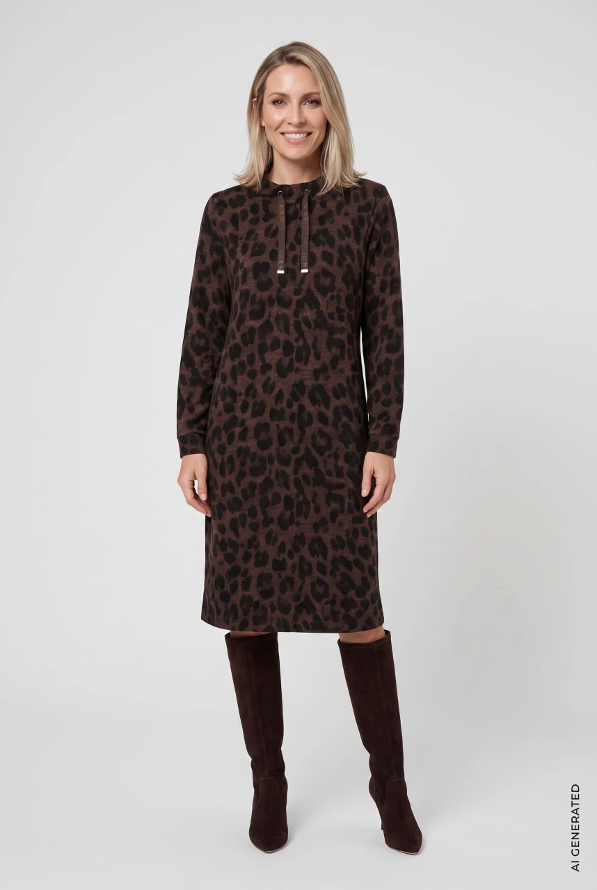 Brązowa sukienka dresowa w panterkę - Boho Chic