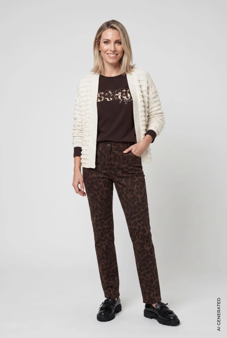 Brązowe spodnie damskie Mona Slim w panterkę - Boho Chic