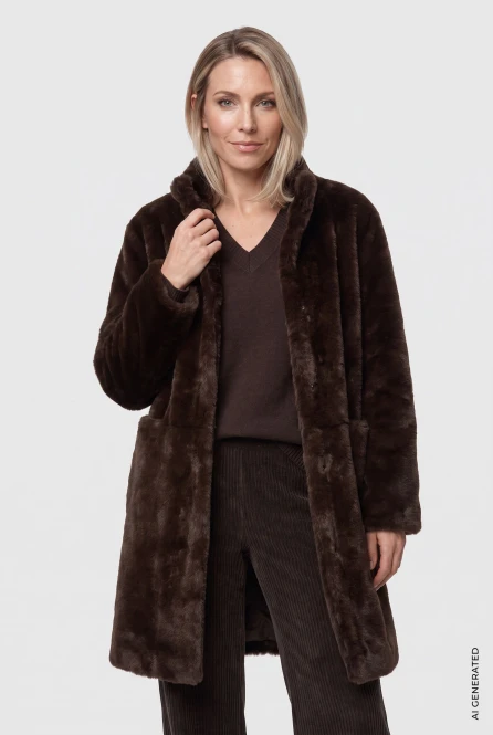 Brązowy futrzany płaszcz damski - Boho Chic