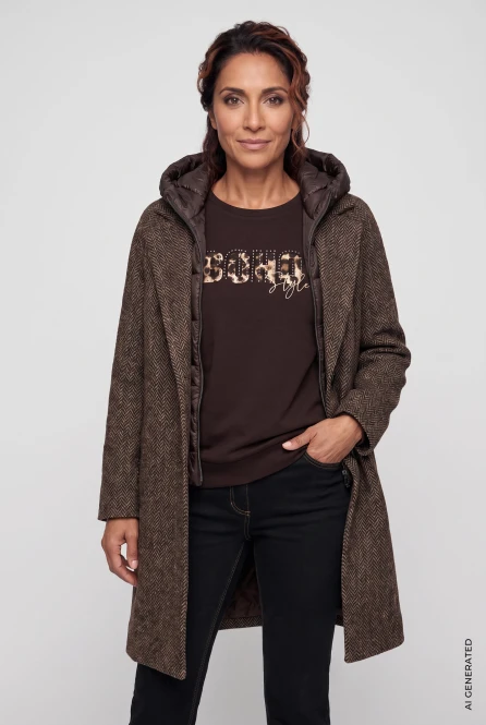 Wełniany płaszcz damski z dodatkowym ociepleniem ze splotem w jodełkę  - Boho Chic