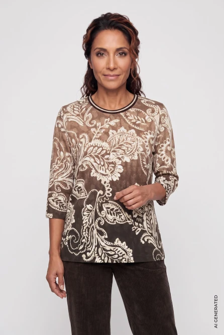 Brązowa bluzka damska Hananh ze wzorem paisley - Boho Chic