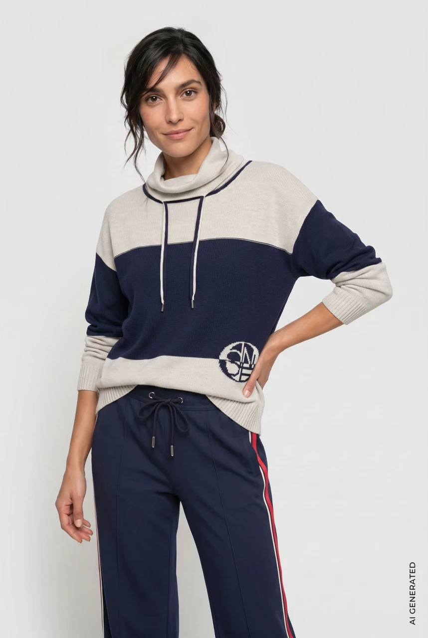 Beżowo-granatowy sweter damski Cora z kominem - Coastal Look