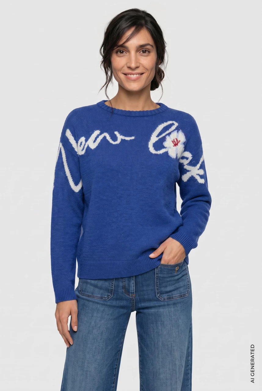 Niebieski sweter damski Cora z napisem - Coastal Look