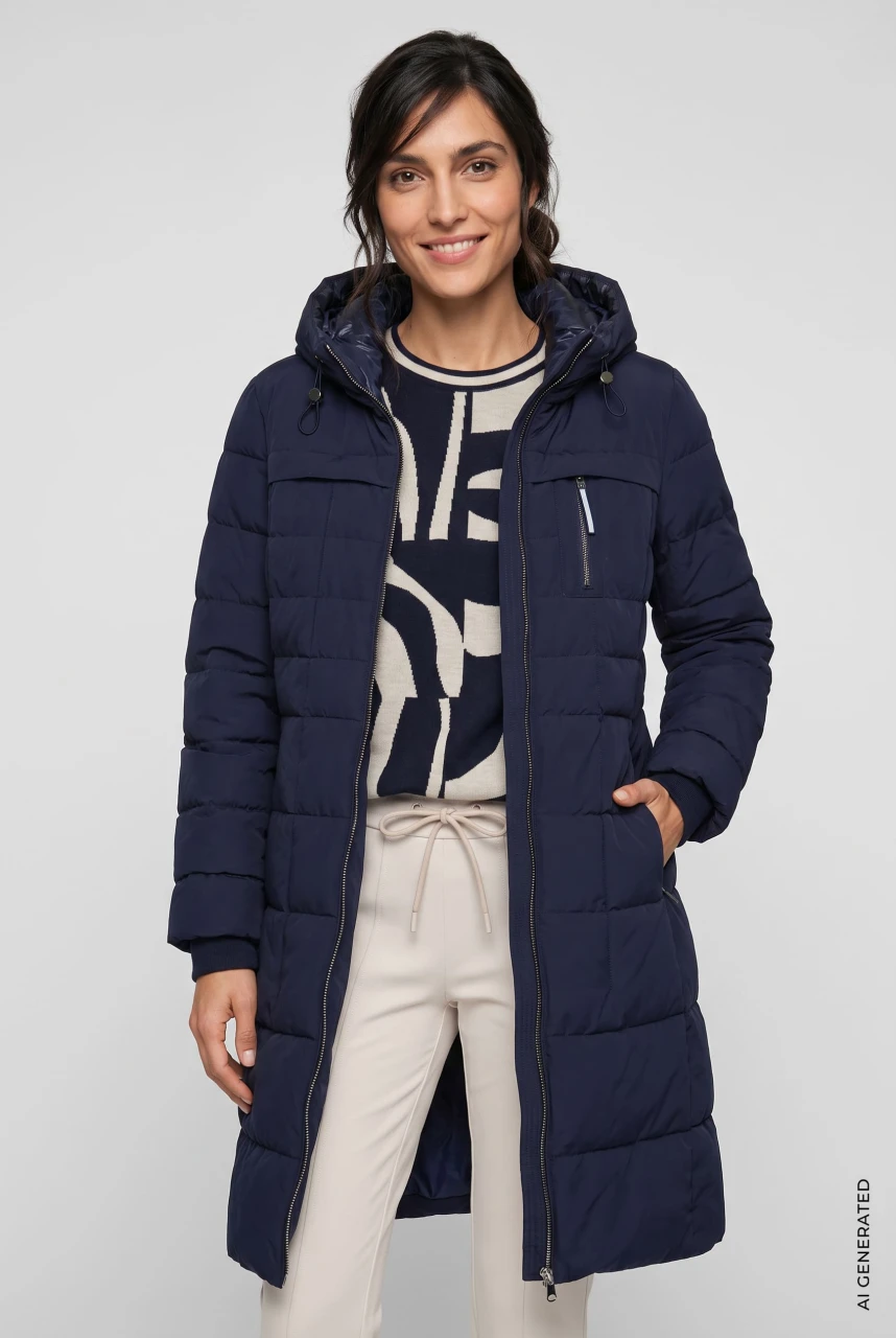 REPREVE® Granatowy pikowany płaszcz damski z kapturem - Coastal Look