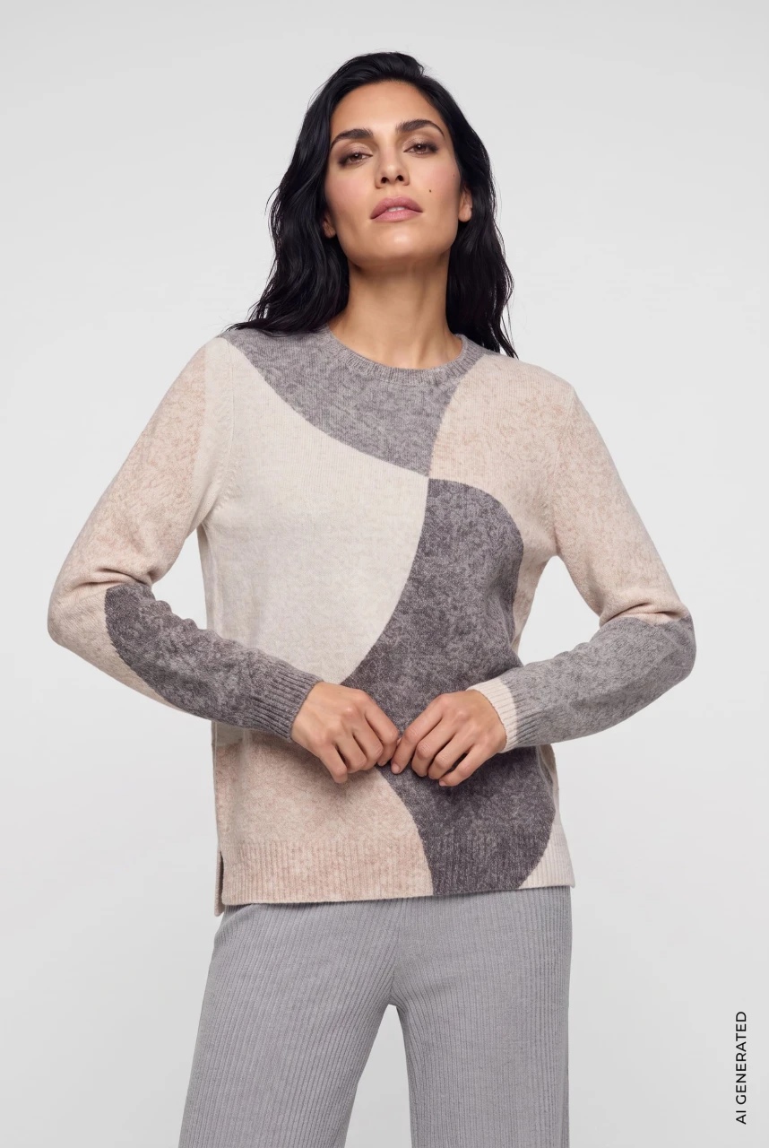 LENZING™ ECOVERO™ Beżowy sweter damski Henny z geometrycznym wzorem - Mountain Resort