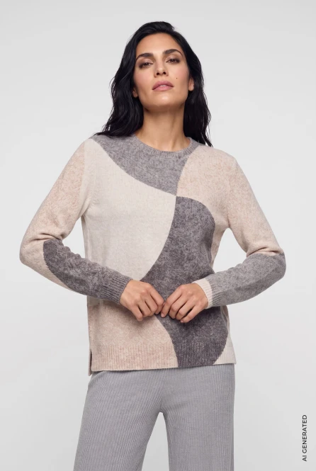 LENZING™ ECOVERO™ Beżowy sweter damski Henny z geometrycznym wzorem - Mountain Resort