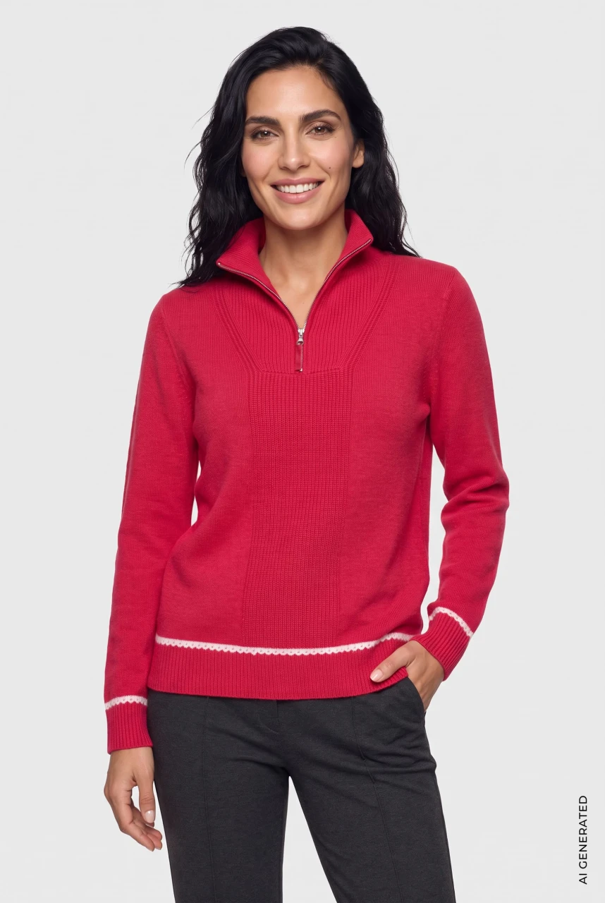 LENZING™ ECOVERO™ Czerwony sweter damski Henny z wiskozą zapinany na suwak - Mountain Resort