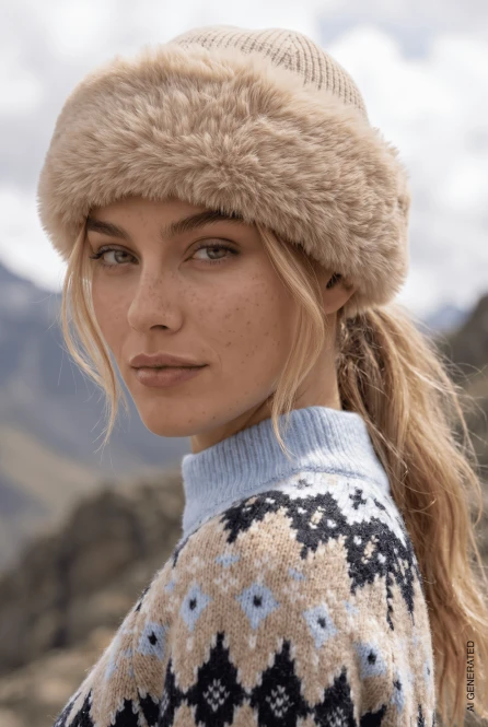 Beżowa futrzana czapka damska z wełną merino 